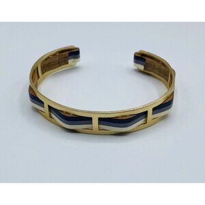 Gold Tone Black Gray Faux Leather Metal Cuff Bracelet